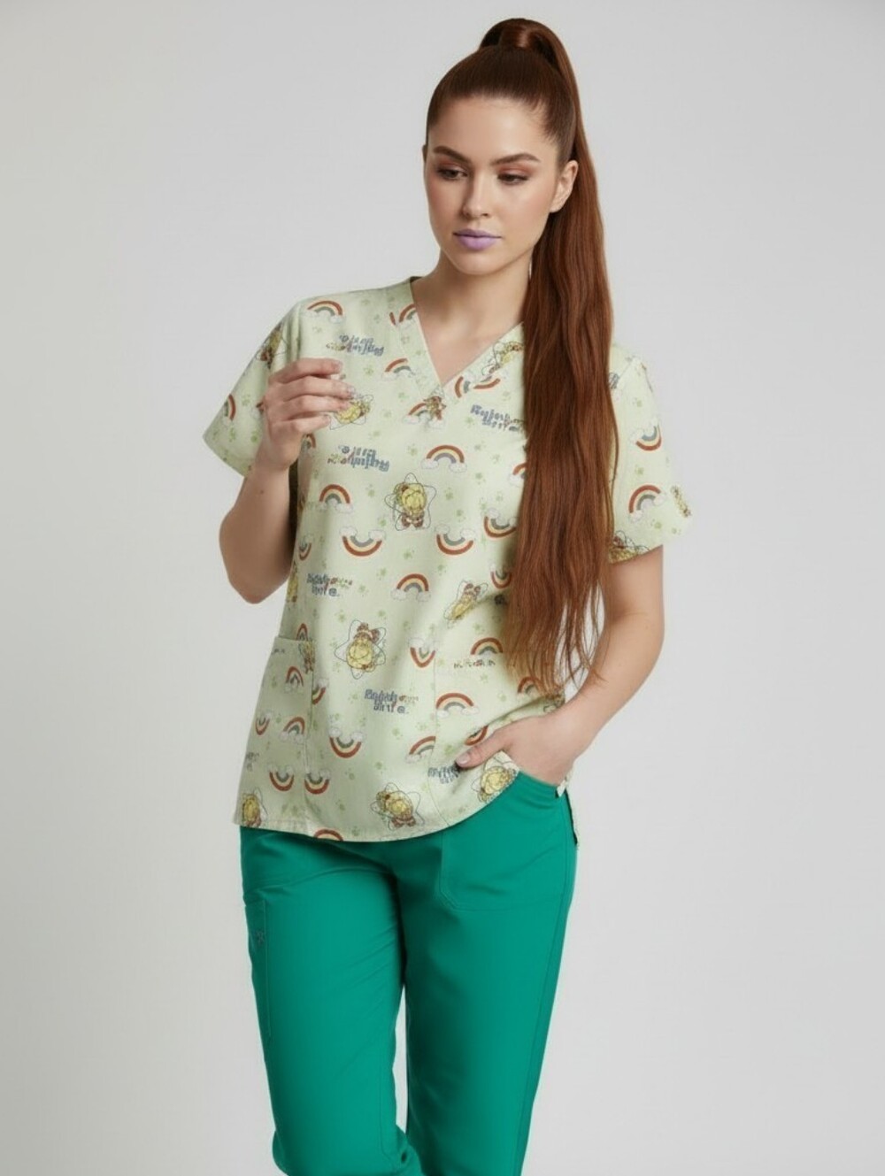 Rainbow Bright Women’s Light Green V-Neck Scrub Top, Rainbows, 2 Pocket, EUC, L